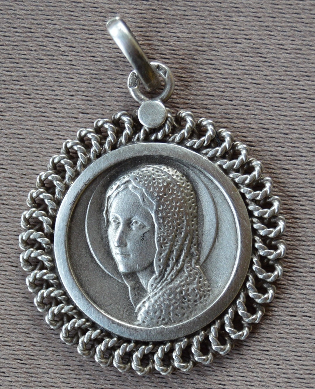 Notre-Dame - Virgin Mary Portrait- Antique Français Sterling Médaille d'argent Pendentif Charme Bijo