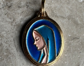 Virgin Mary Portrait - French Religious Blue Enamel Medal