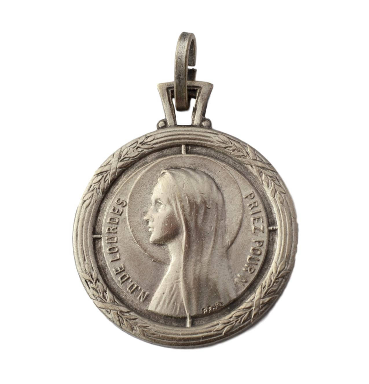 Notre-Dame de Lourdes- Vierge Marie Portrait- Antique Français Médaille Art Nouveau Pendentif Charme
