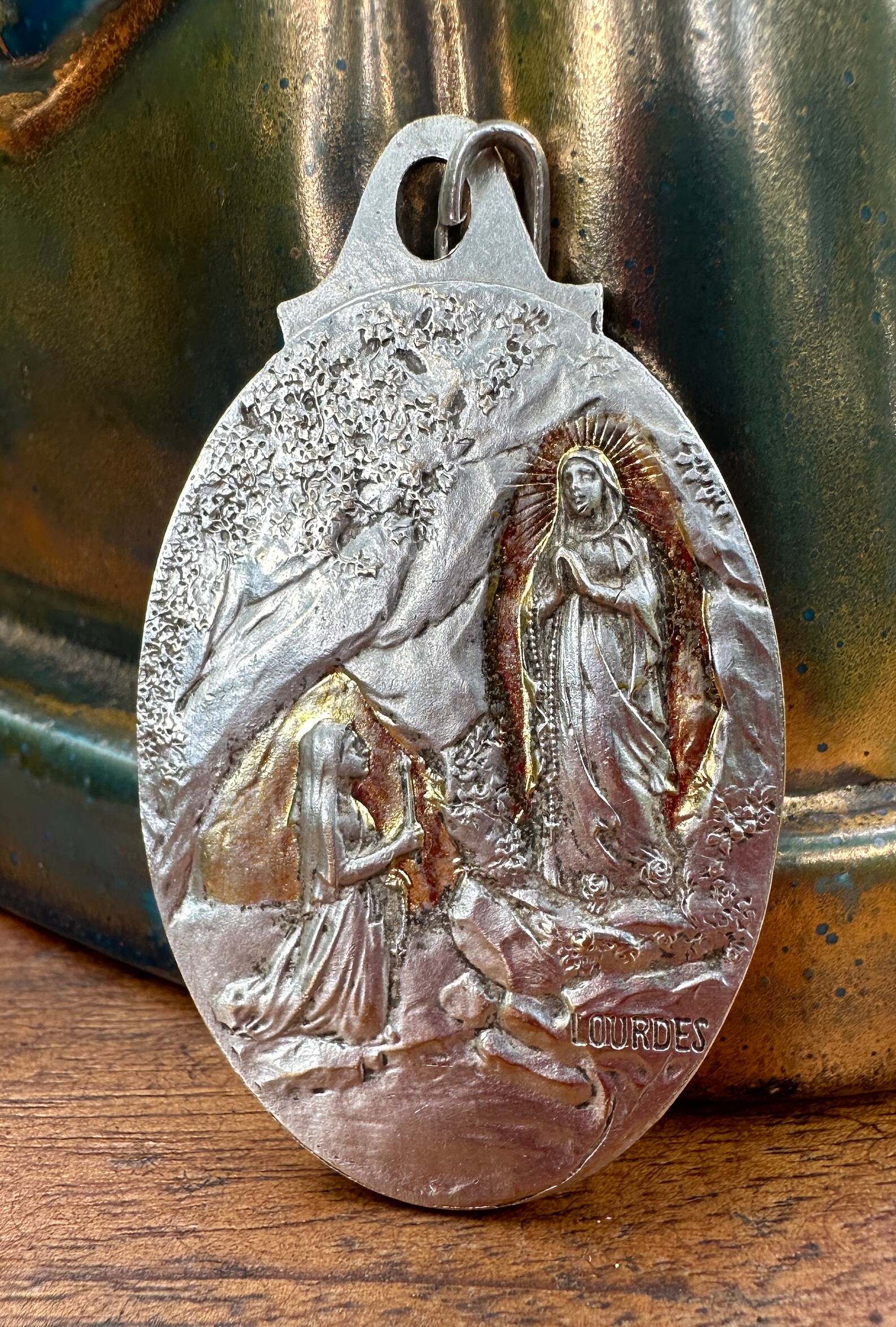 Large Our Lady of Lourdes Virgin Mary Medal Pendant Silvered Bronze and ...