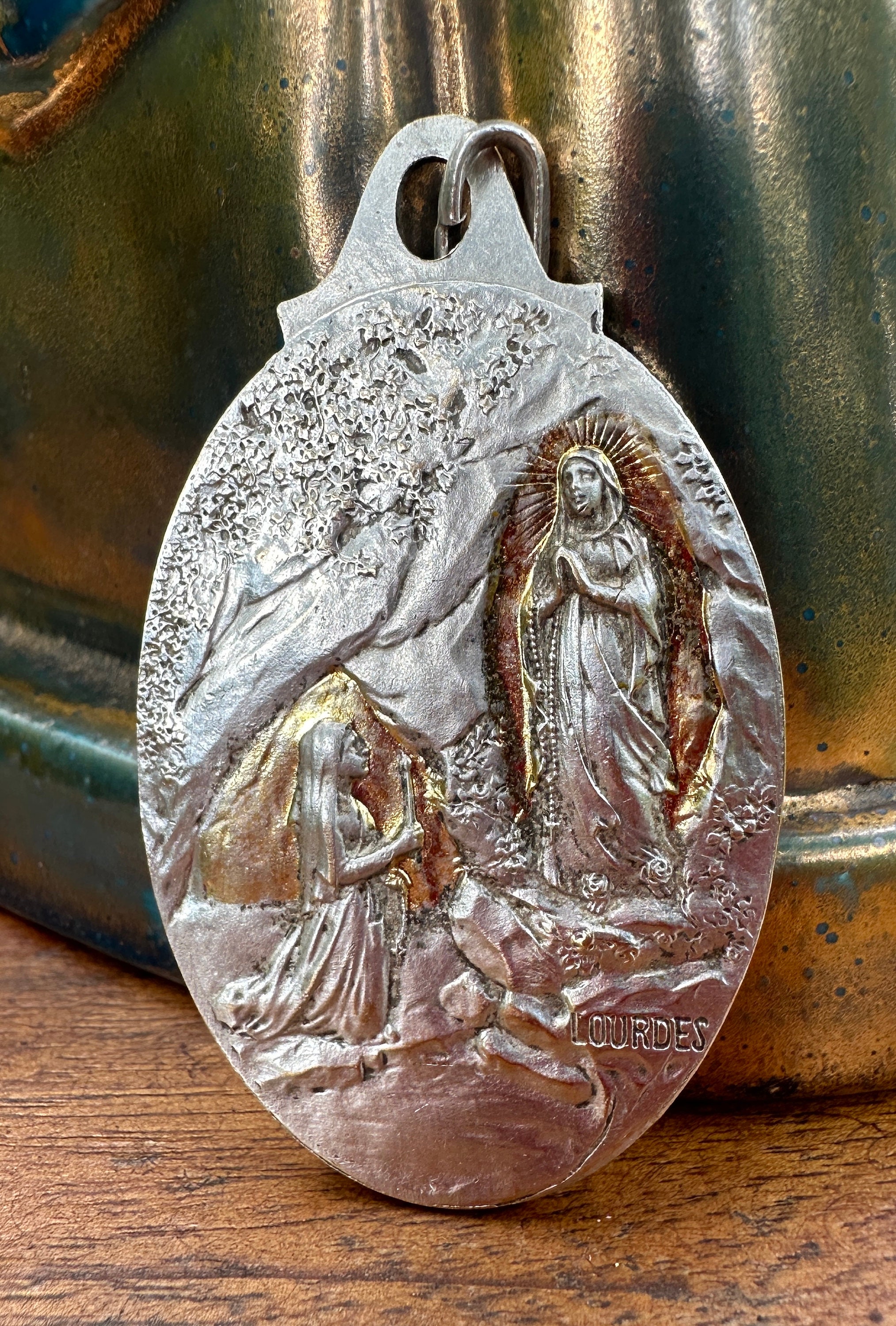 Large Our Lady of Lourdes Virgin Mary Medal Pendant Silvered Bronze and ...