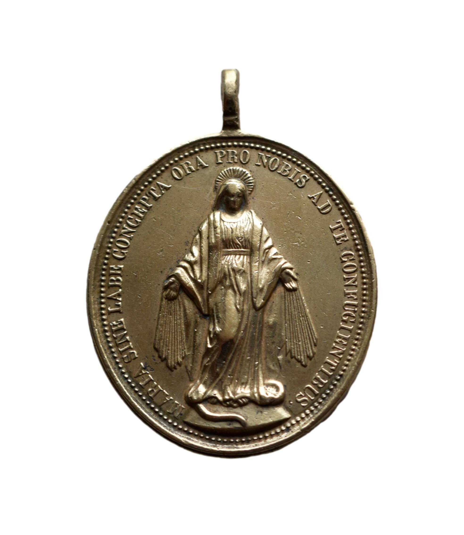Grande Médaille Miraculeuse Pendentif Religieux en Laiton Notre-Dame Vierge Marie 19Ème.
