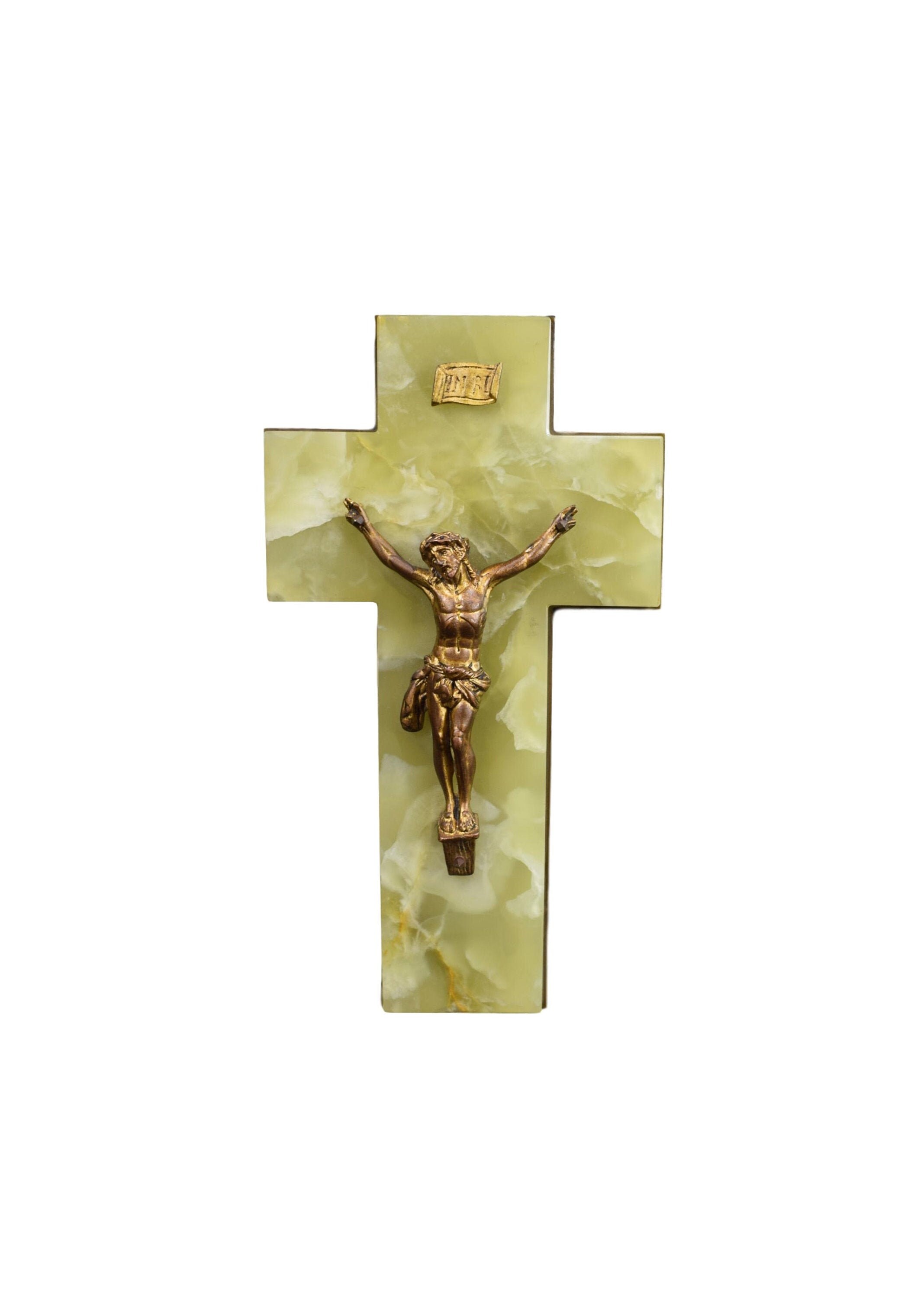 Art Nouveau Religieux Vert Onyx Crucifix Croix Plaque
