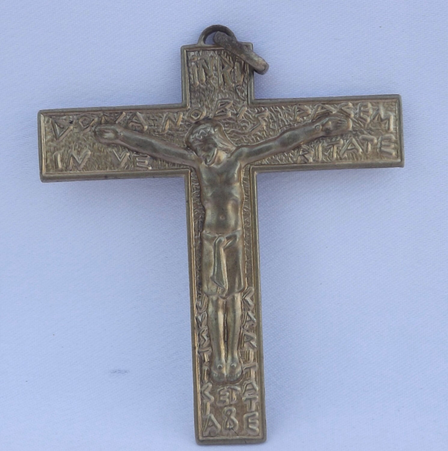 Vintage Religous Français Pectoral Cross Pendant Medal - Catholic Jewel Necklace Bronze Christmas Gi