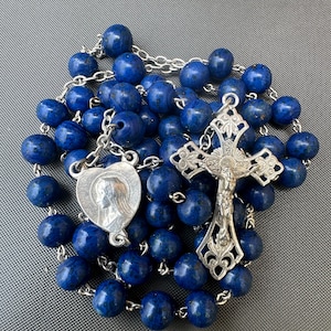 Antique French Lapis Lazuli Beads Silver Rosary 19th  18 3/4&quot; Communion Gift