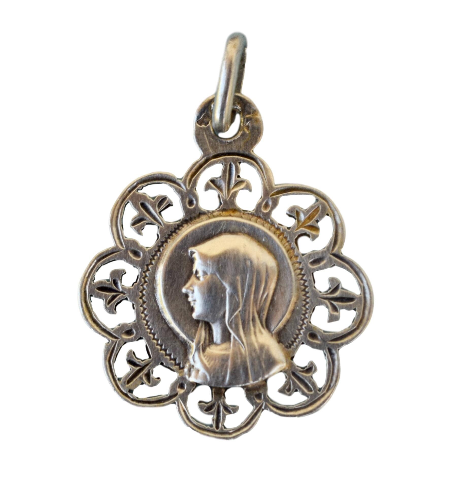 Notre-Dame Vierge Marie Portrait Médaille Sterling Argent Pendentif Fleur de Lis