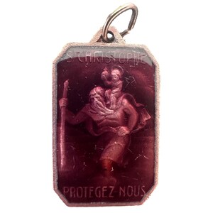 Large Saint Christopher Medal Car Protector Drivers Travellers - French Cloisonne Purple Enamel Medal Pendant