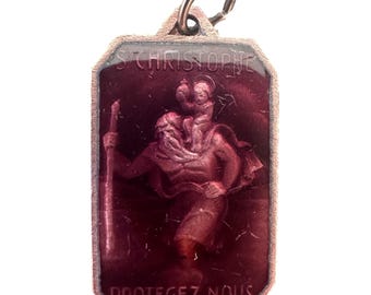 Large Saint Christopher Medal Car Protector Drivers Travellers - French Cloisonne Purple Enamel Medal Pendant