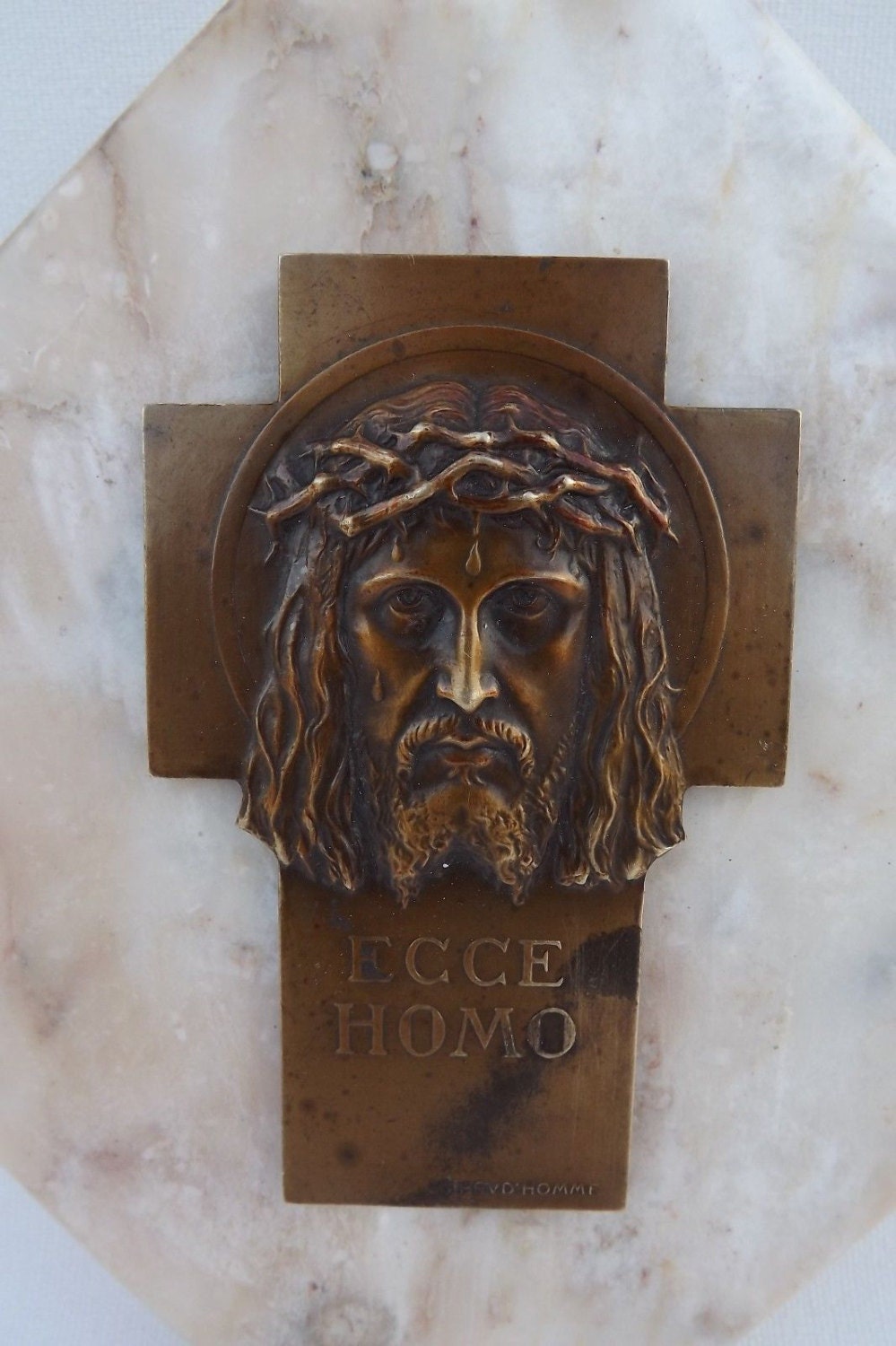 Religieuse en Bronze Antique Français Croix - Ecce Homo Sainte Face de Jésus Plaque Base Marbre Par