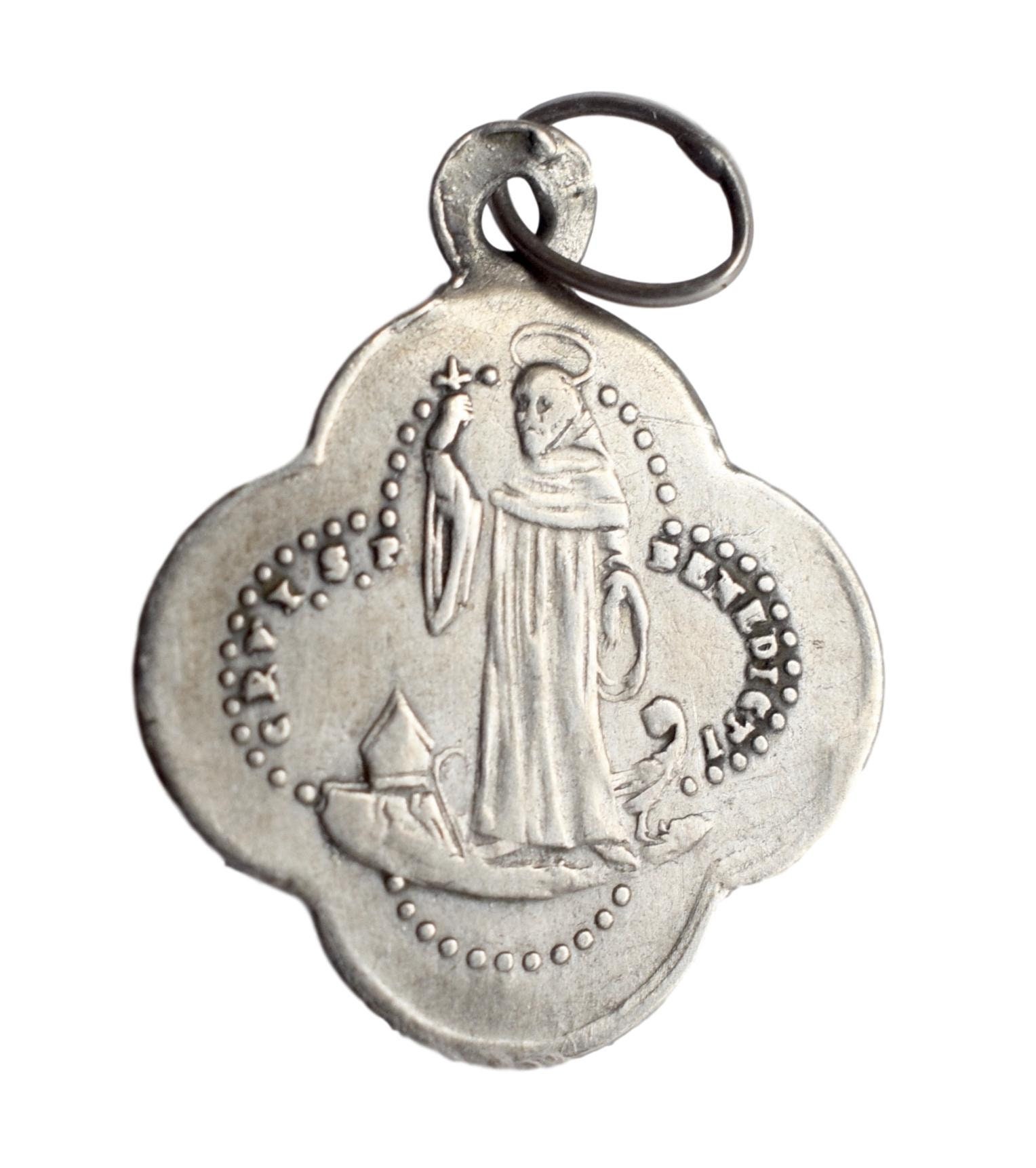 Saint Benedict - Antique Français Sterling Silver Religious Medal Pendant Charm Collier Cadeau Relig