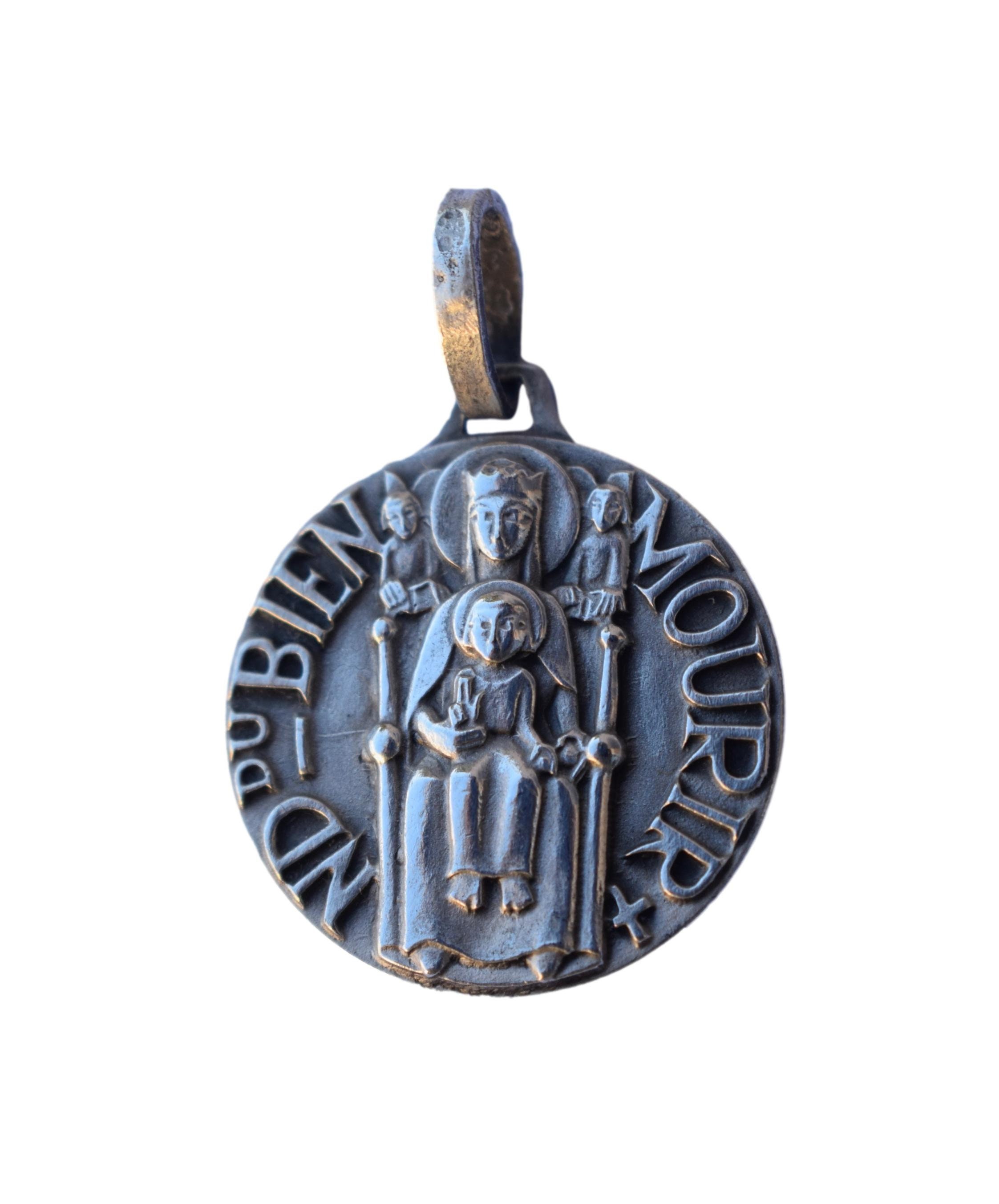 Médaille de La Vierge Mort et L'enfant Vintage Médaille d'argent - Notre Dame Du Bien Mourir