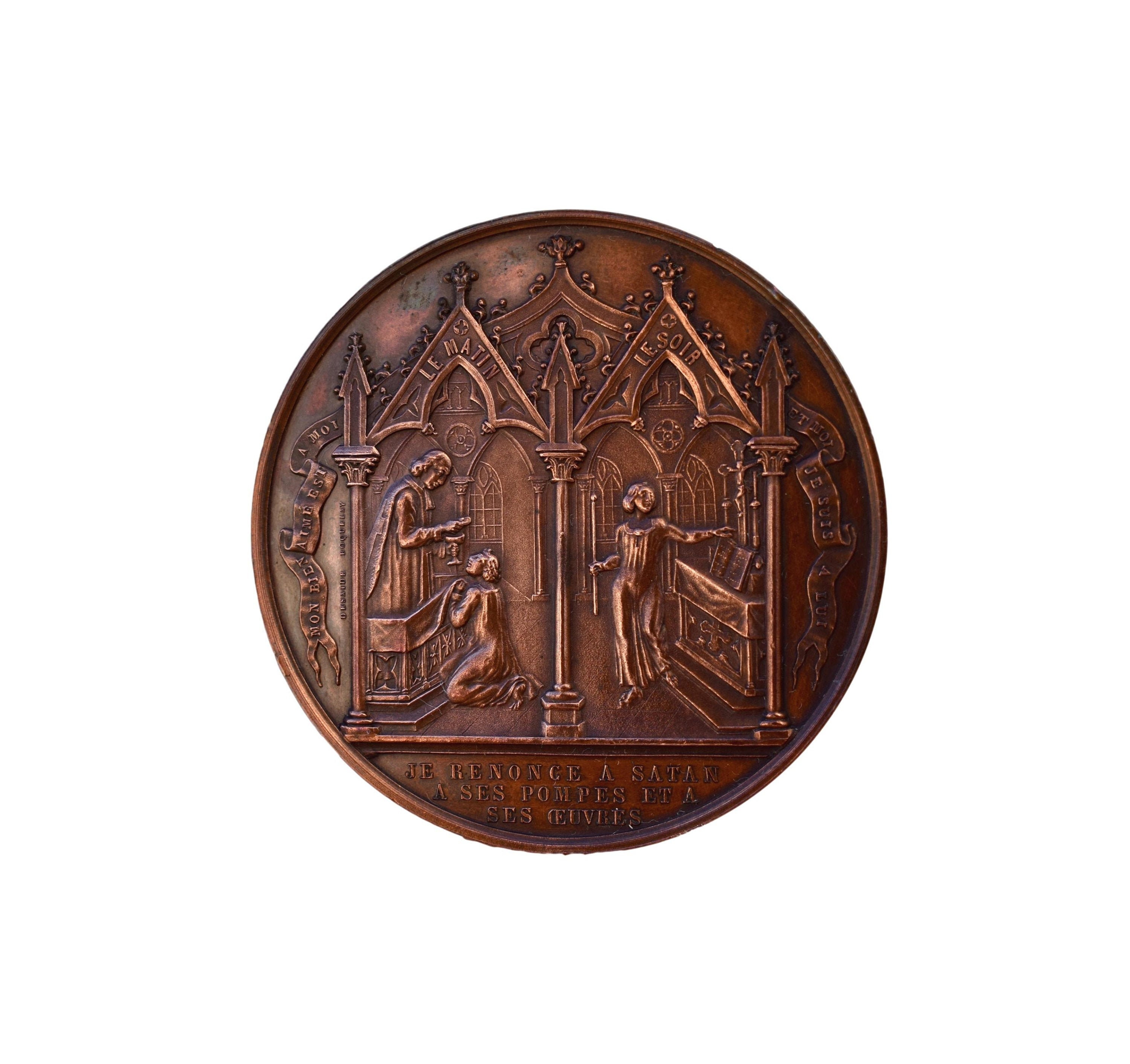 Rare Communion de Baptême et Confirmation Médaille Médaillon Cuivre Boîte Par Desaide & Roquelay 184