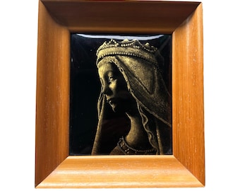 Wall Frame Crowned Virgin Mary Hand painted Enamel Plaque 24 K Gold Grisaille