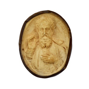 Saint Pierre  Fourier Religious Antique Reliquary Brass Medallion Carved Plaster Medal