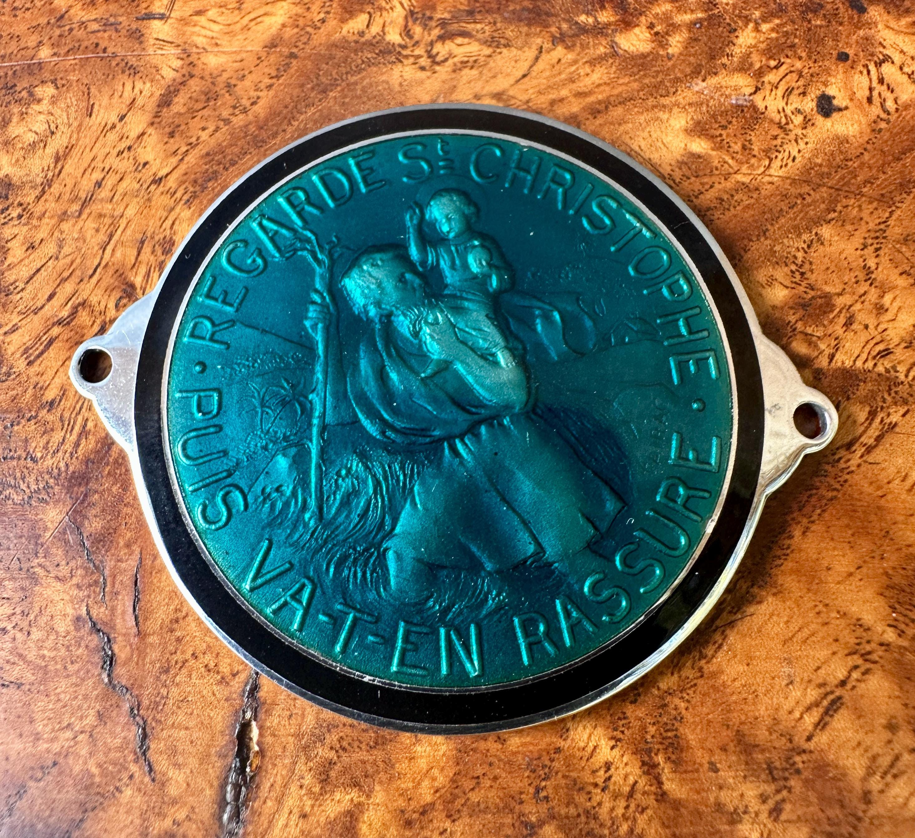 Vintage St Christopher Enamel Car Plaque: Patron Saint of Travelers