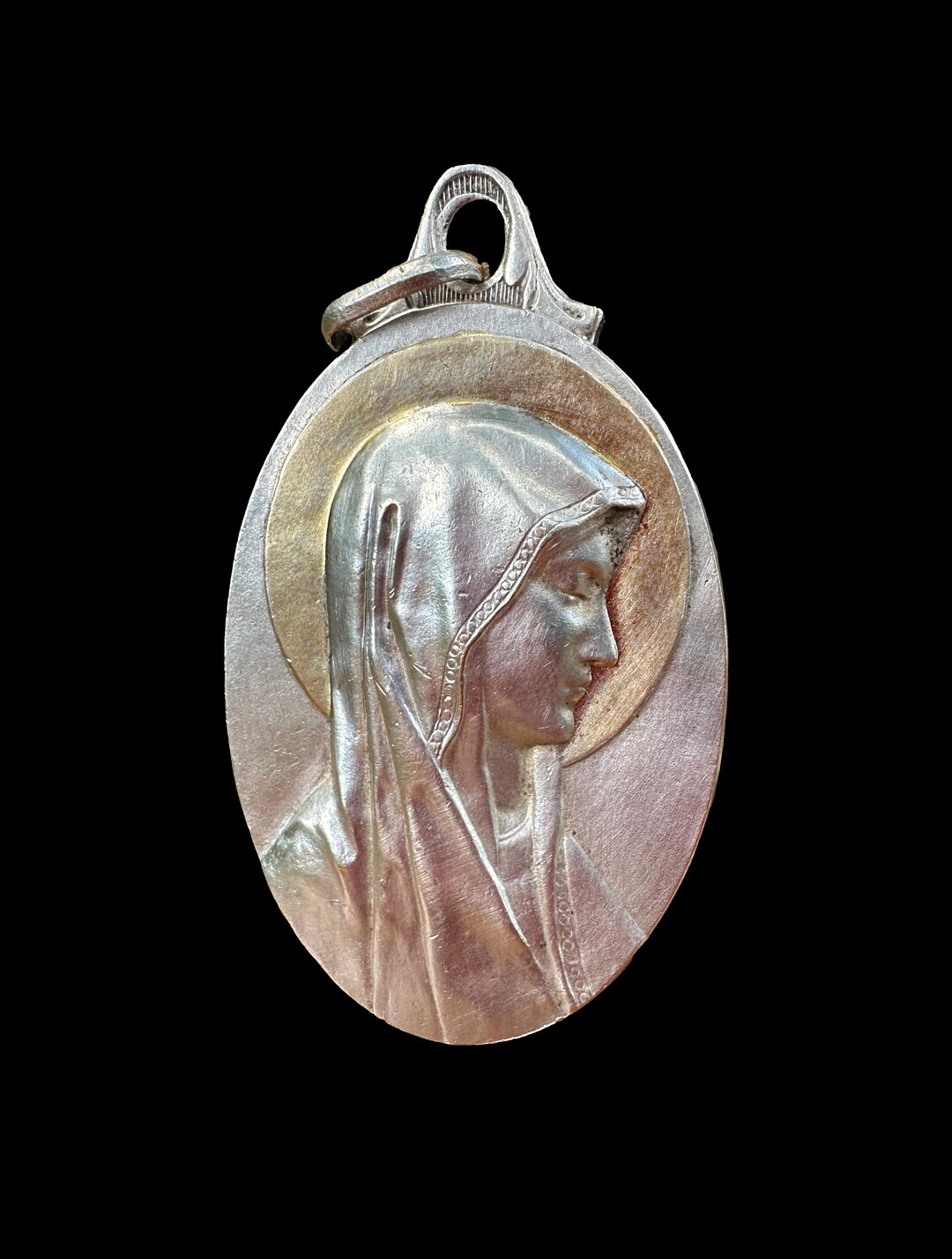 Large Our Lady of Lourdes Virgin Mary Medal Pendant Silvered Bronze and ...