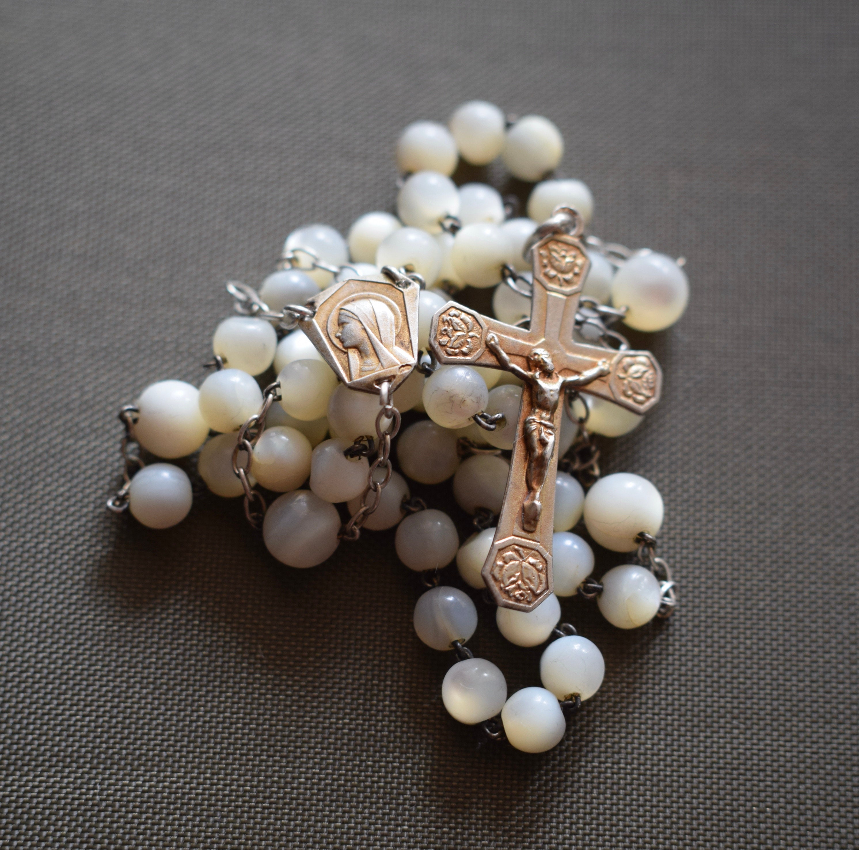 Art Déco Nacre & Or Argent Sterling Rosaire