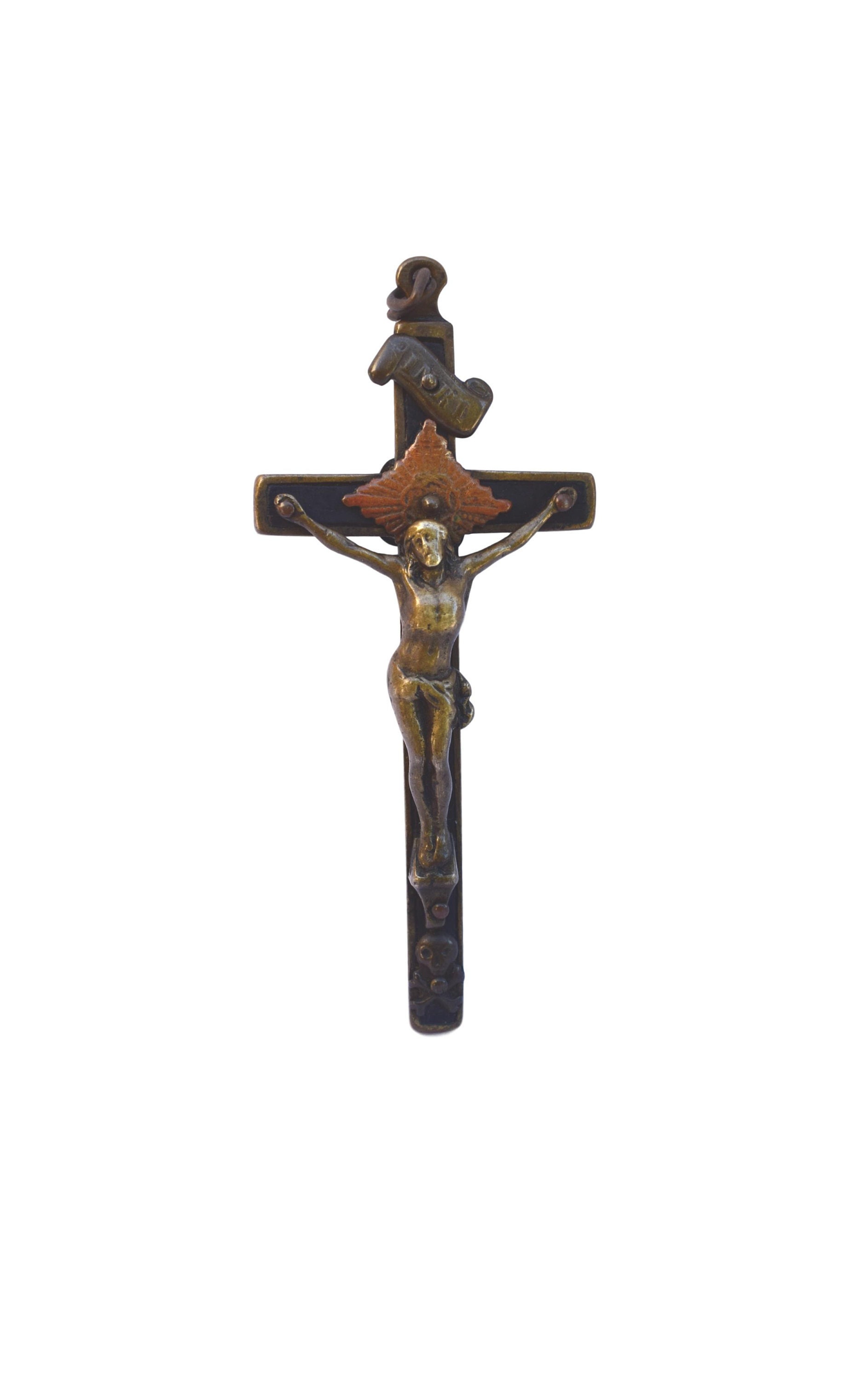 Réservé A. Français Antique Metal & Ebony Inlay Crucifix Pectoral Christ Cross
