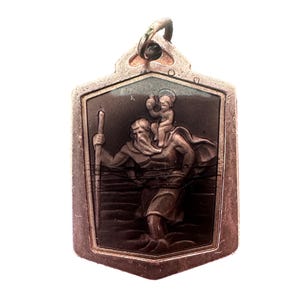 Saint Christopher Medal Car Protector Drivers Travellers - French Cloisonne Gray Enamel Medal Pendant