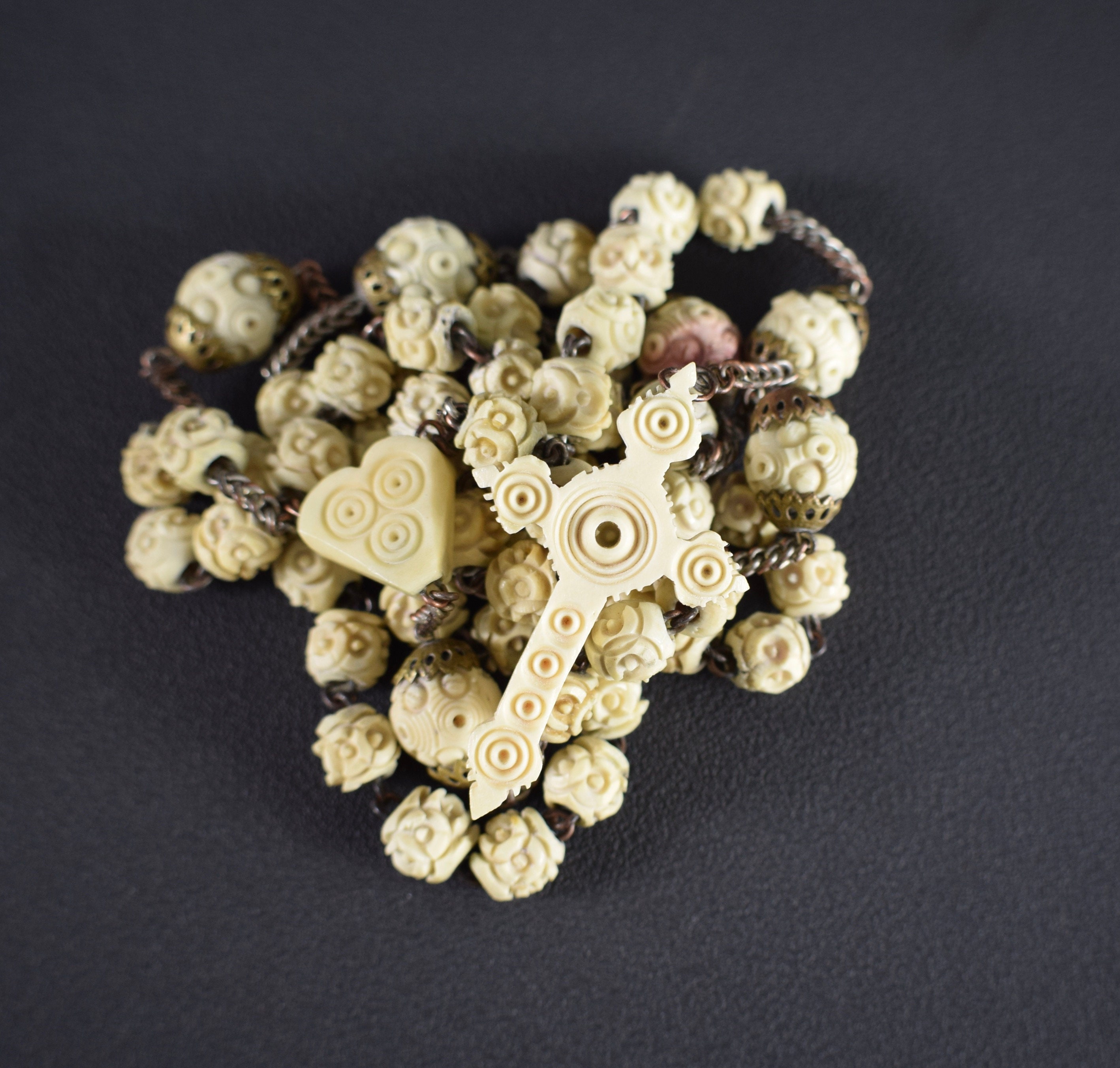 Perles Rares de Grands Os Craved à La Main Stanhope Rosaire Plafonné Perles 19Ème Siècle