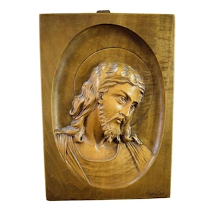 Hand Carved Wood Holy Face of Jesus Sculpture By Bastian