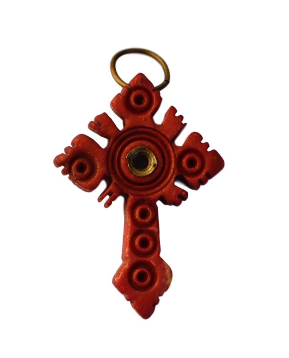 Religieuse en Os Sculpté Français Stanhope Rouge Croix - Cercles Incisés Souvenir de Pèlerinage