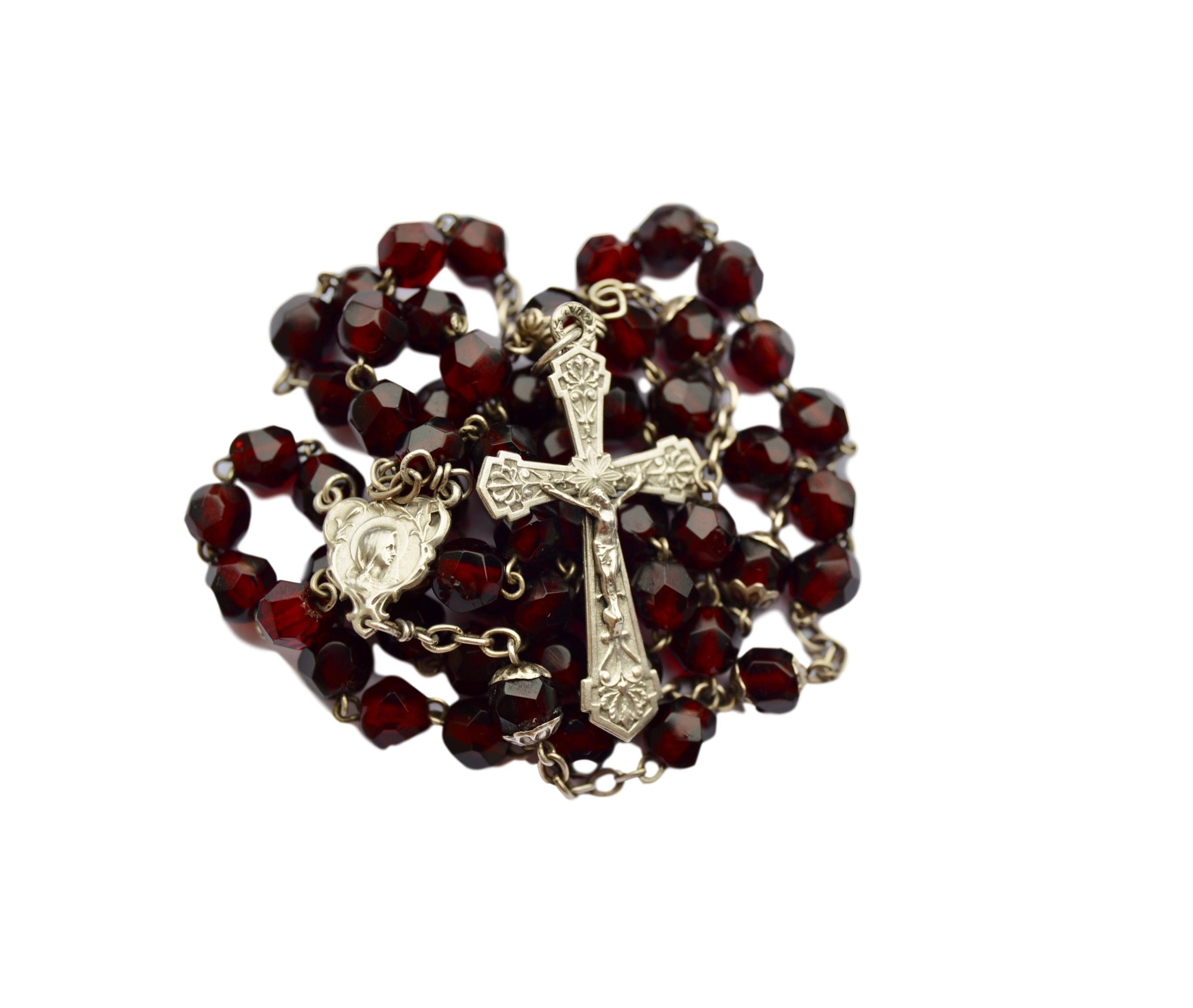 Art Nouveau Facetted Red Garnet Crystal - Sterling Silver Beads Rosaire