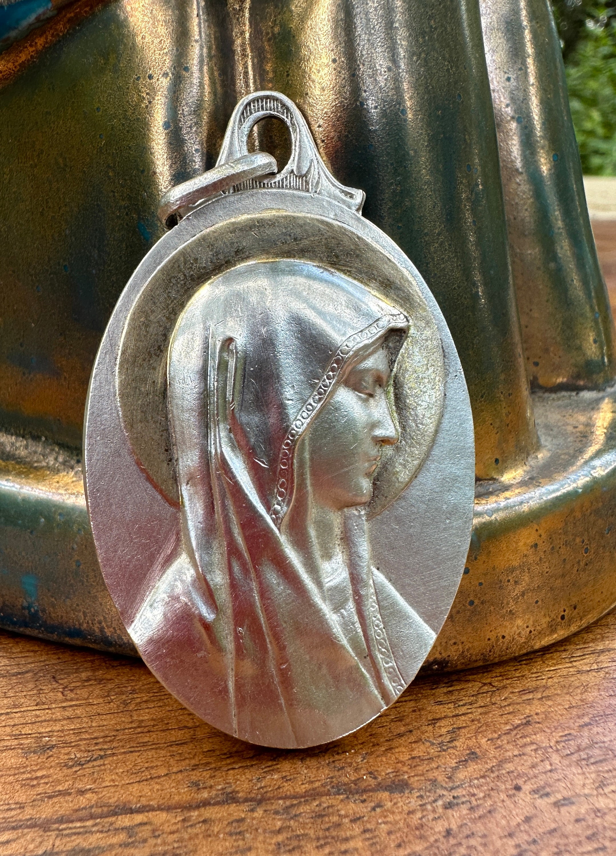 Large Our Lady of Lourdes Virgin Mary Medal Pendant Silvered Bronze and ...
