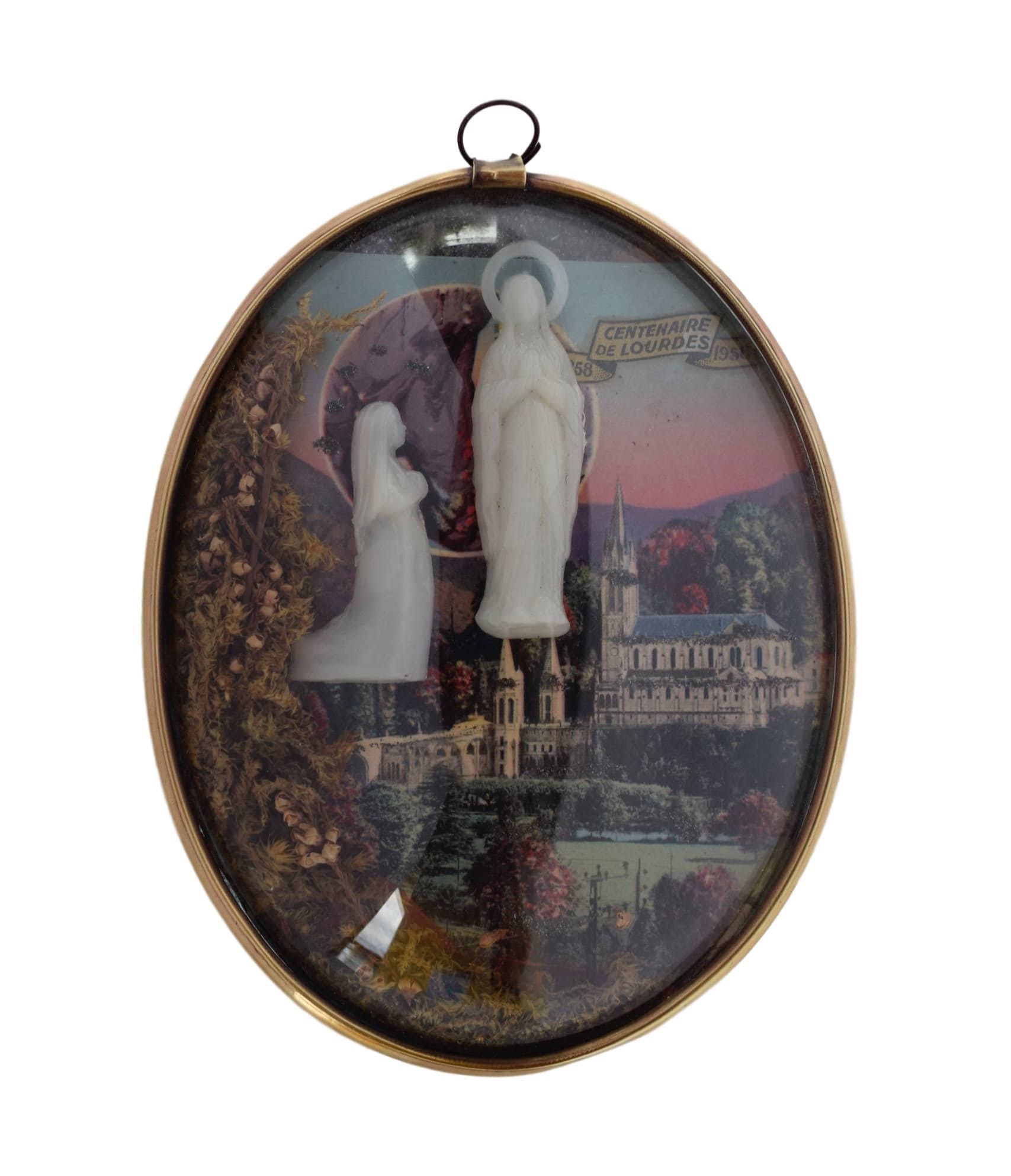 Grotte de Lourdes Vintage Français Religieux Reliquaire Pendentif Médaillon - Wax Bernadette Soubiro