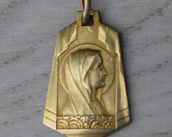 Médaille Vierge Art Déco émaillée - Monture Plaqué Or - Bijou Ancien Occasion