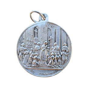 First Communion Medal - French Authentic Large Religious Catholic Sterling Silver Medal Pendant Charm Dated 1885 - Catholic Souvenir
