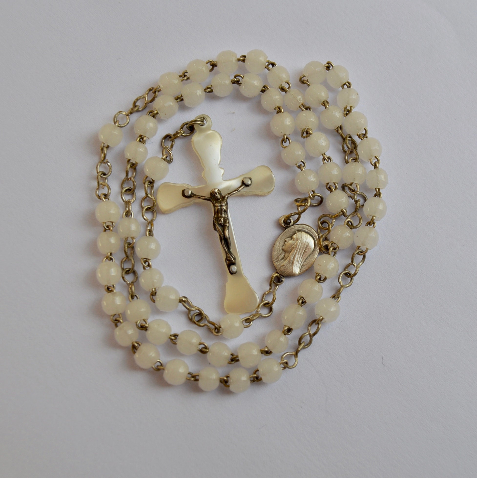 Antique Français Mère de Perle 59 Perles Communion Du Rosaire d'enfants