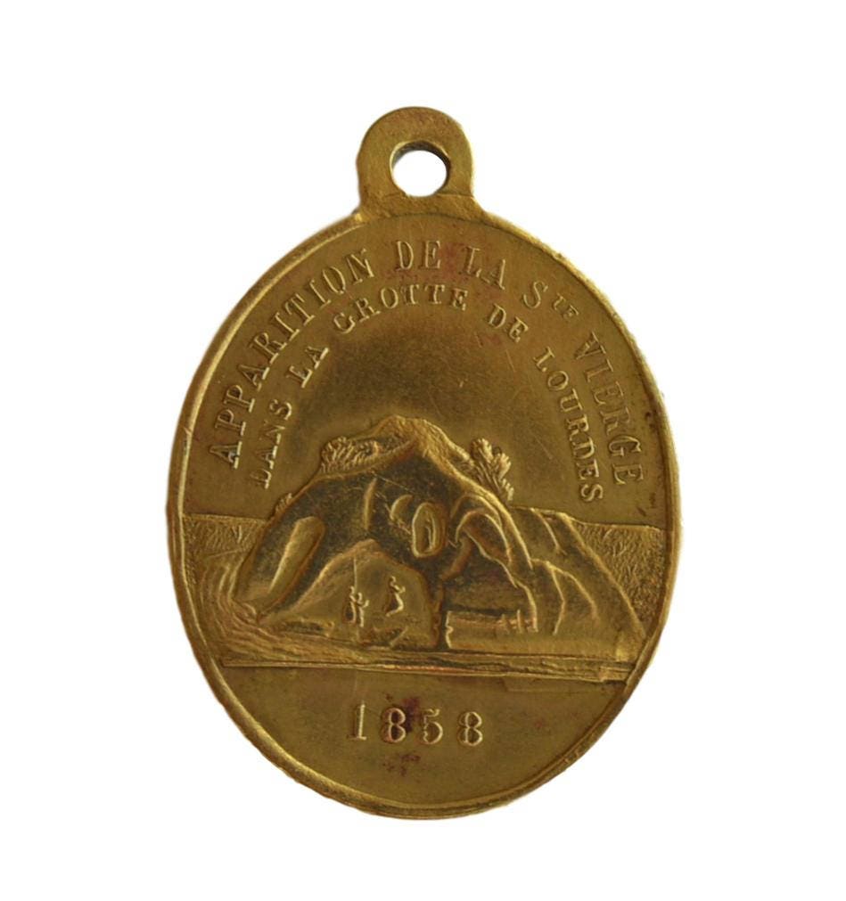 Notre-Dame de Lourdes Souvenir 1858 - Français Antique Religious Brass Medal Pendant Charm 19Th.c Gr