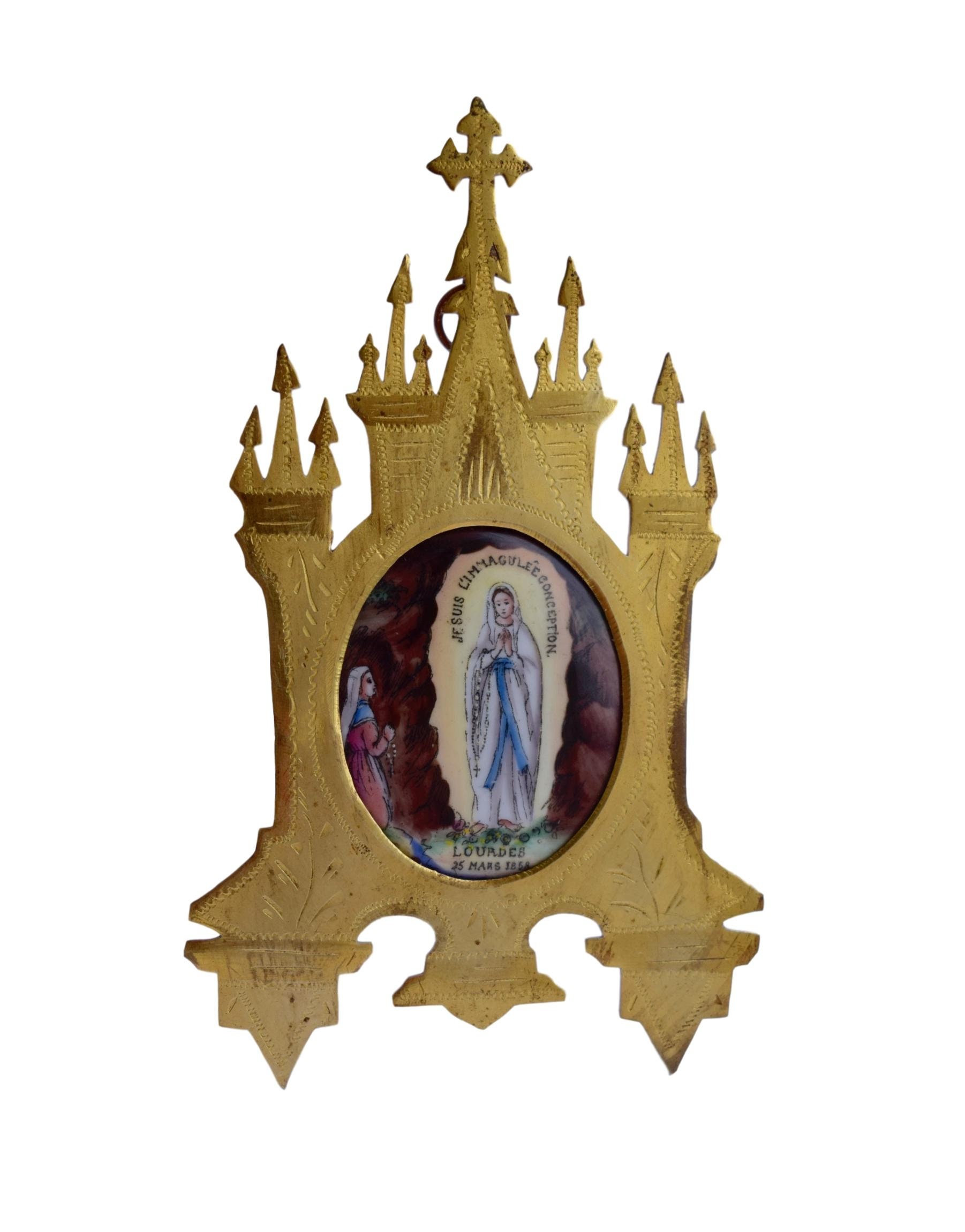 Vierge Marie - Bernadette Soubirous Français Antique Religieuse Peint Porcelaine Laiton Reliquaire C