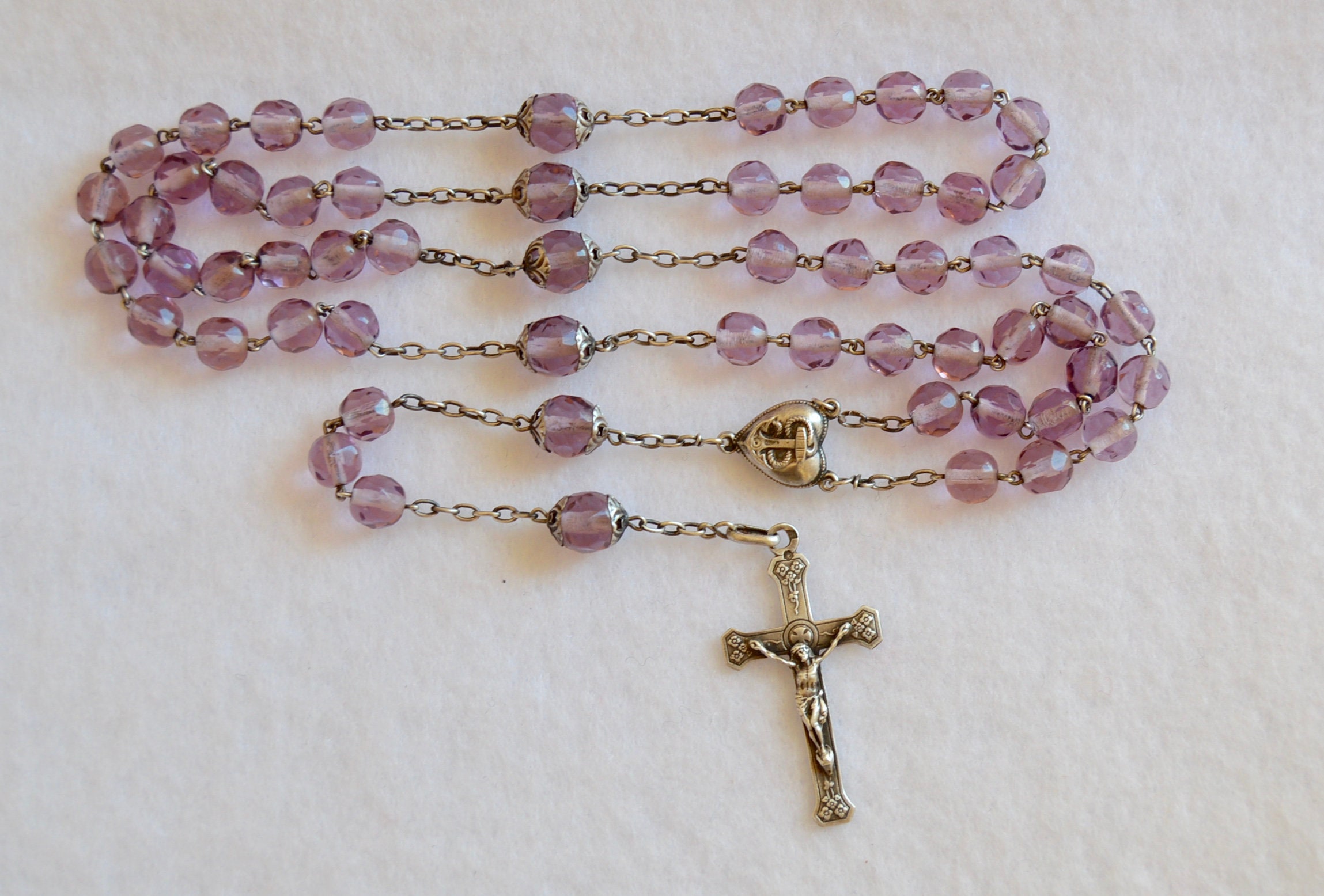Français Améthyste en Verre Violet Cristal Perles Chapelet Argent Sterling-Art Nouveau Collier Relig