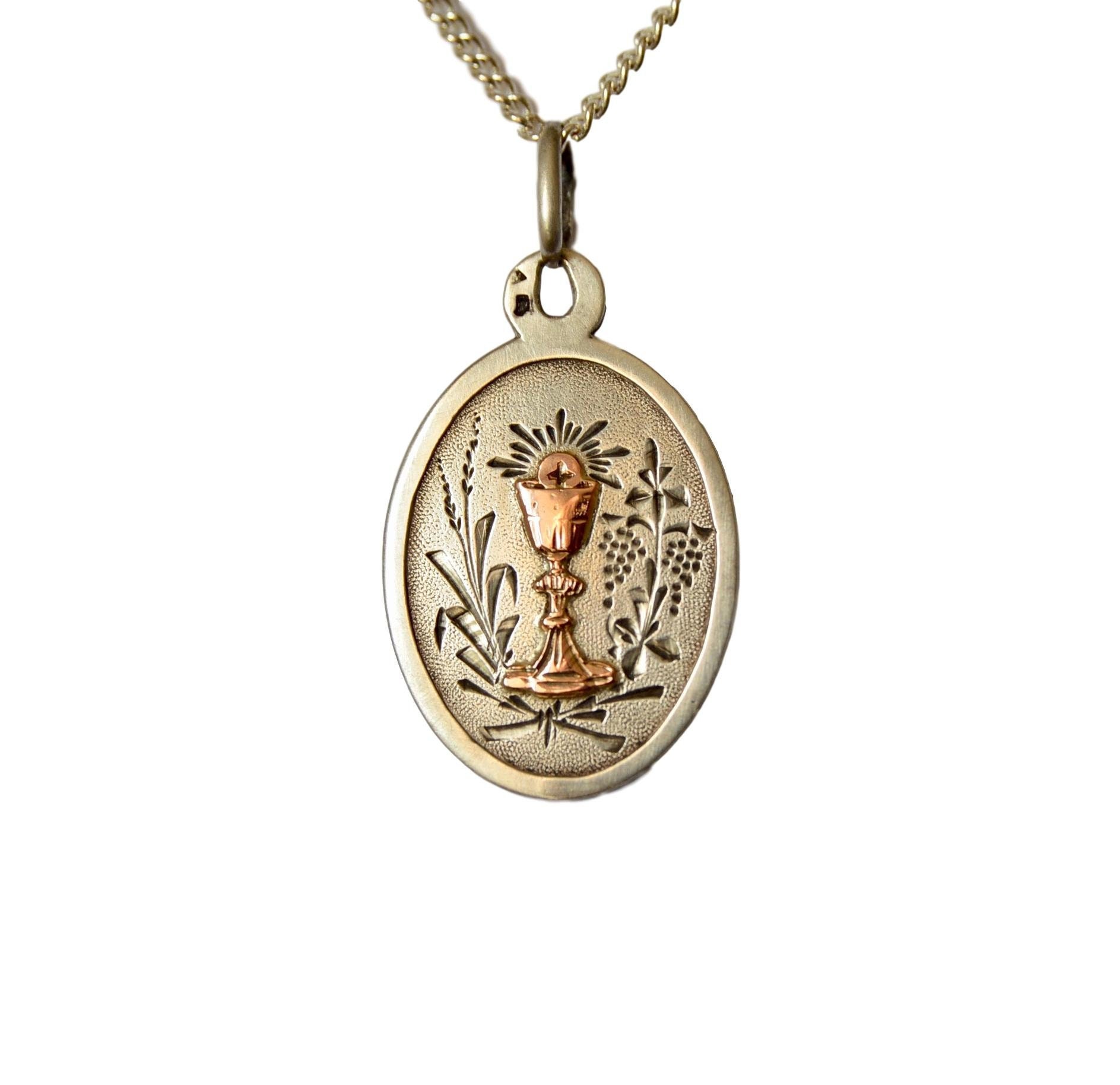 Français Antique en Argent Sterling et Or Calice Communion Médaille Pendentif Breloque