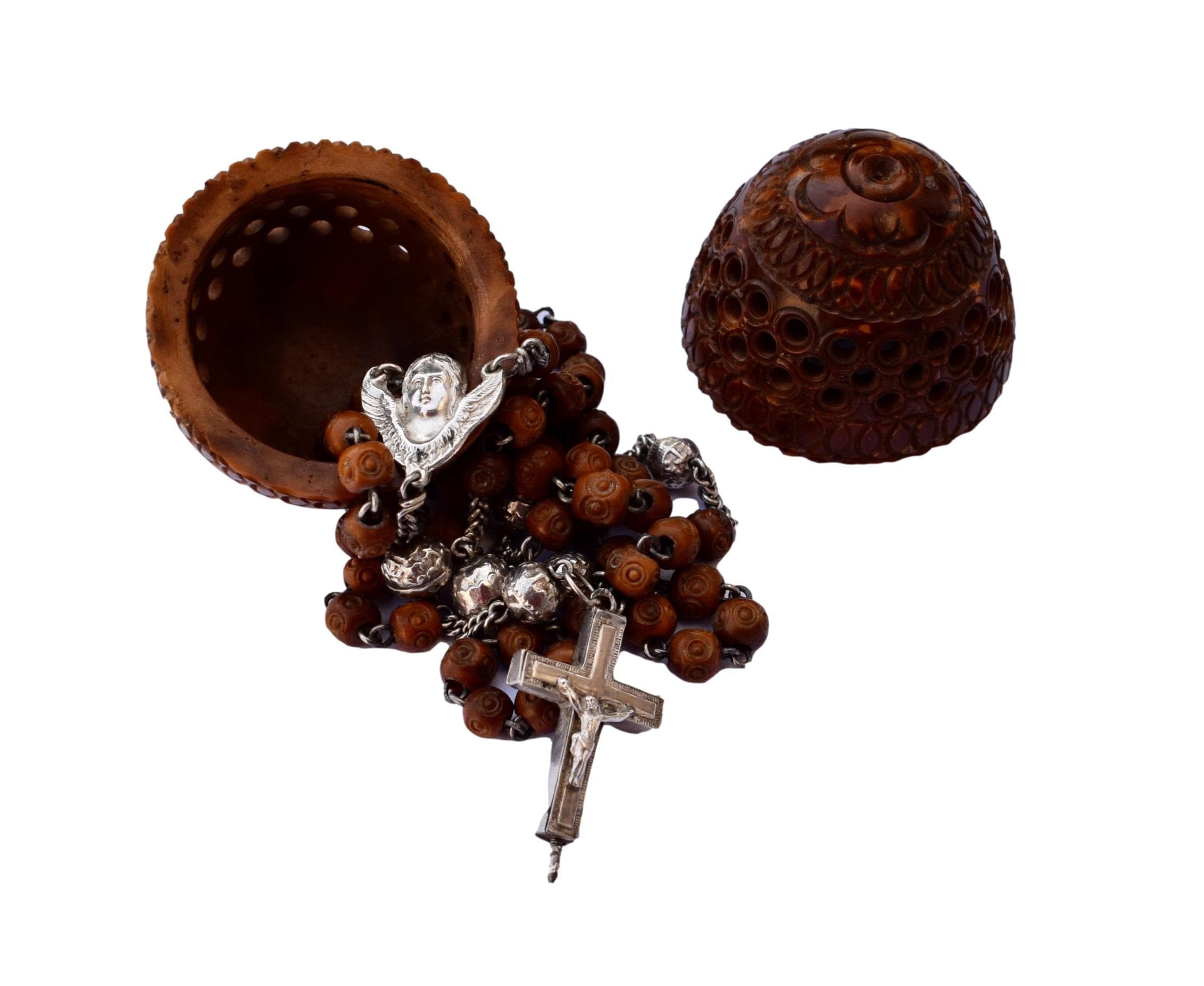 Rosaire Rare Argent Sterling et Perles de Noix Corozo Sculptées Boîte Cas Sculptée