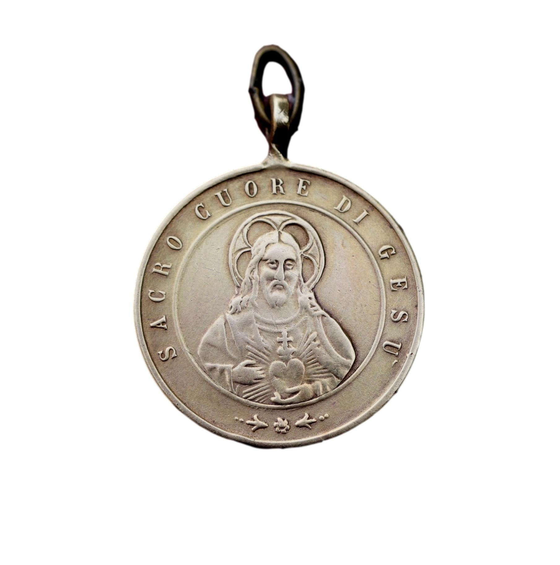 Mary's Heart & Jesus Sacred Antique Brass Medal