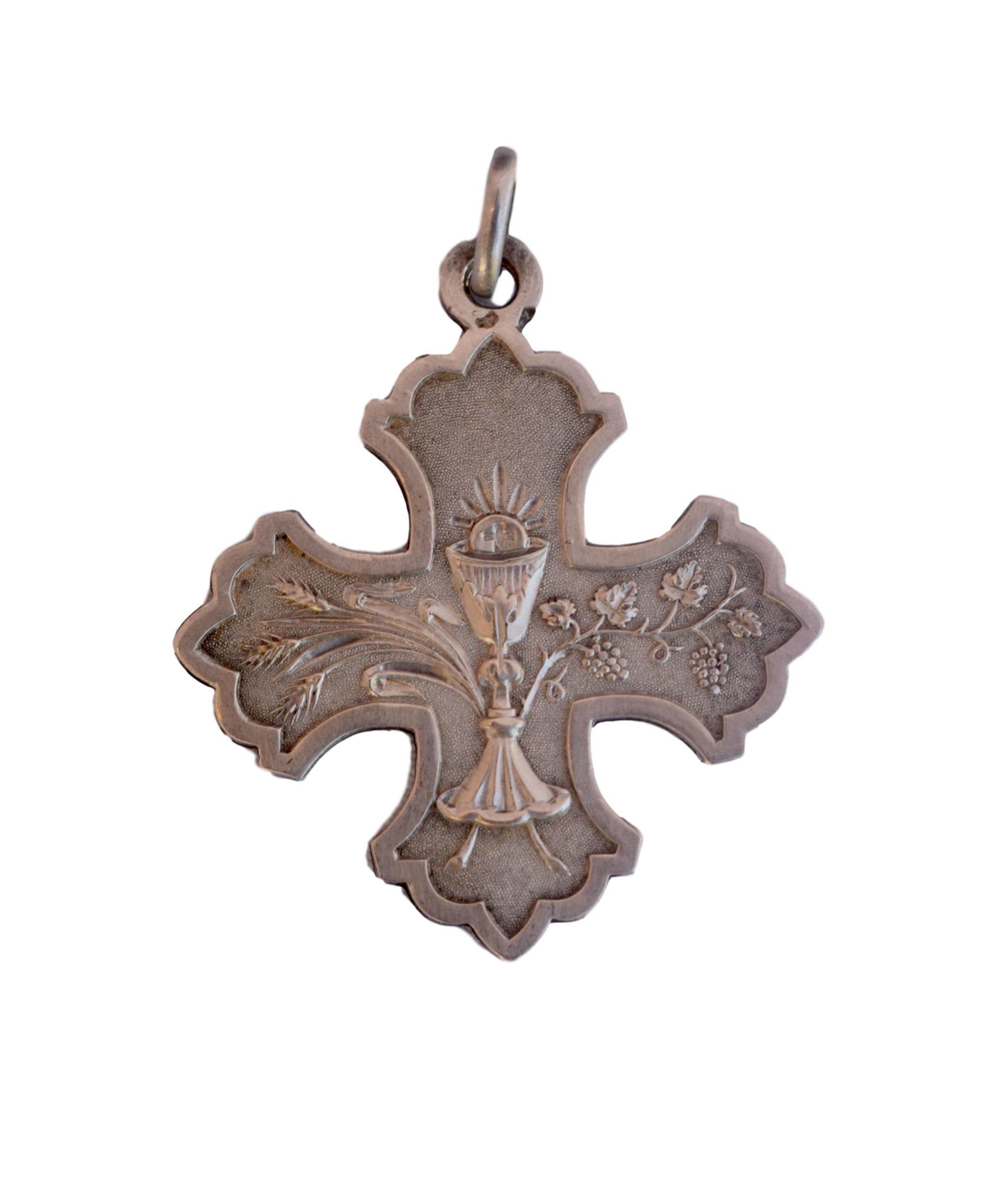 Grande Antique Sterling Médaille de Croix d'argent Communion Calice Croix Maltaise