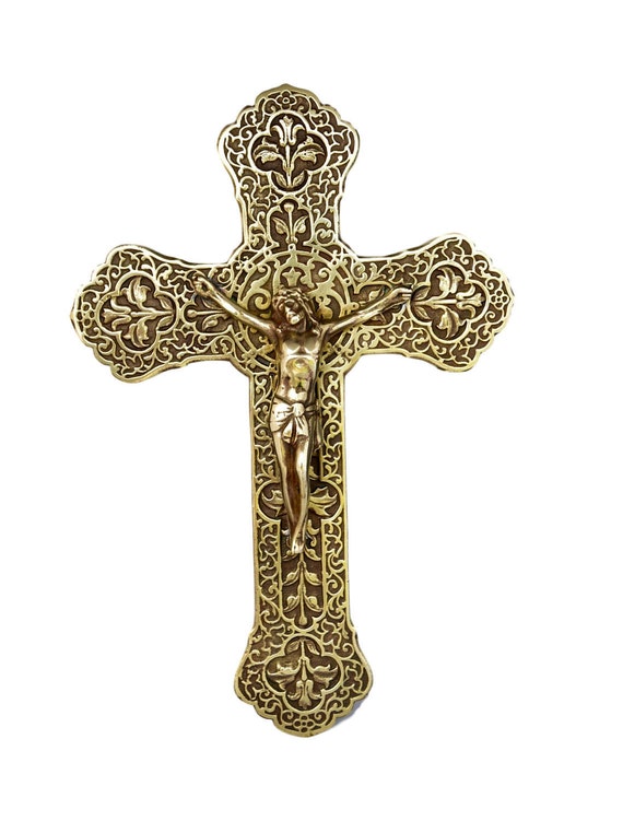 French Antique Engraved Bronze Crucifix Ornate Ormolu Wall Cross Catholic Communion Gift Fleur De Lis