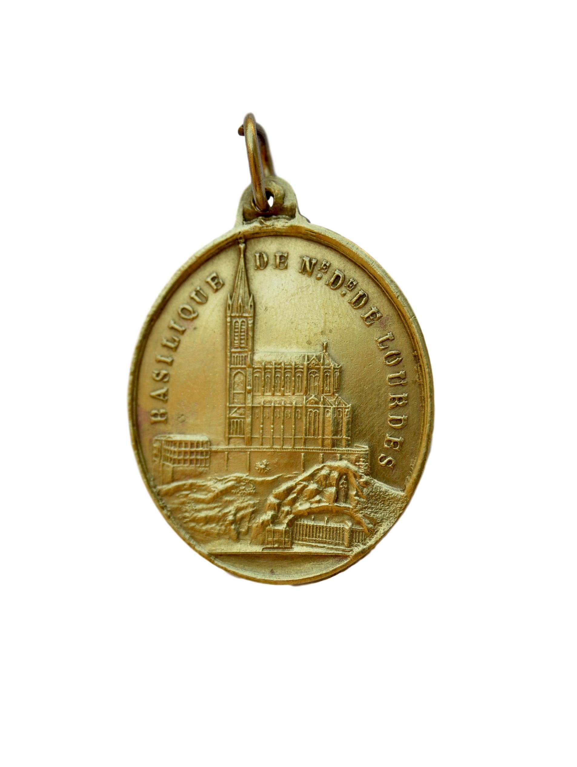 Notre-Dame de Lourdes Grande Français La Basilique La Médaille Religieuse Antique 19Th.c