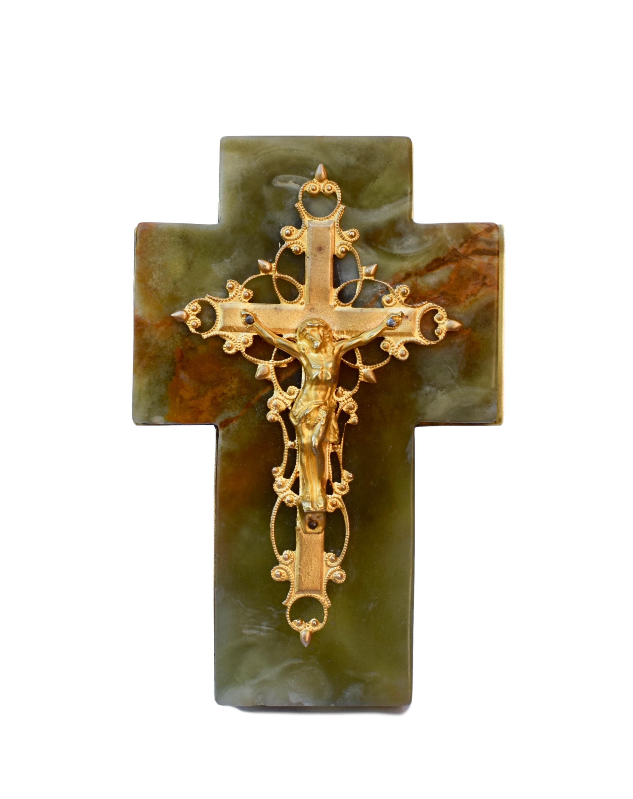 Art Nouveau Religieux Onyx Vert Or Crucifix Croix Debout Oratoire Plaque