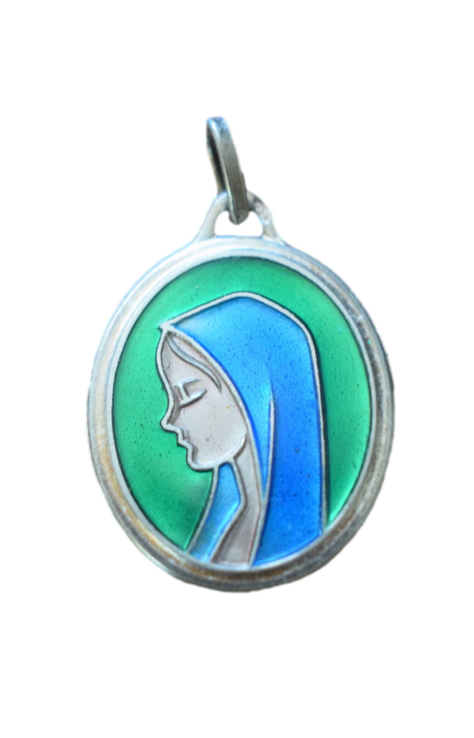 Portrait de La Vierge Marie Argent Sterling et Médaille en Émail Bleu & Vert