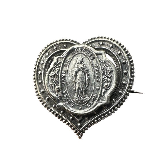 Broche Vintage Notre Dame De Lourdes - Métal Argenté, Bijou Religieux Ou De Collection
