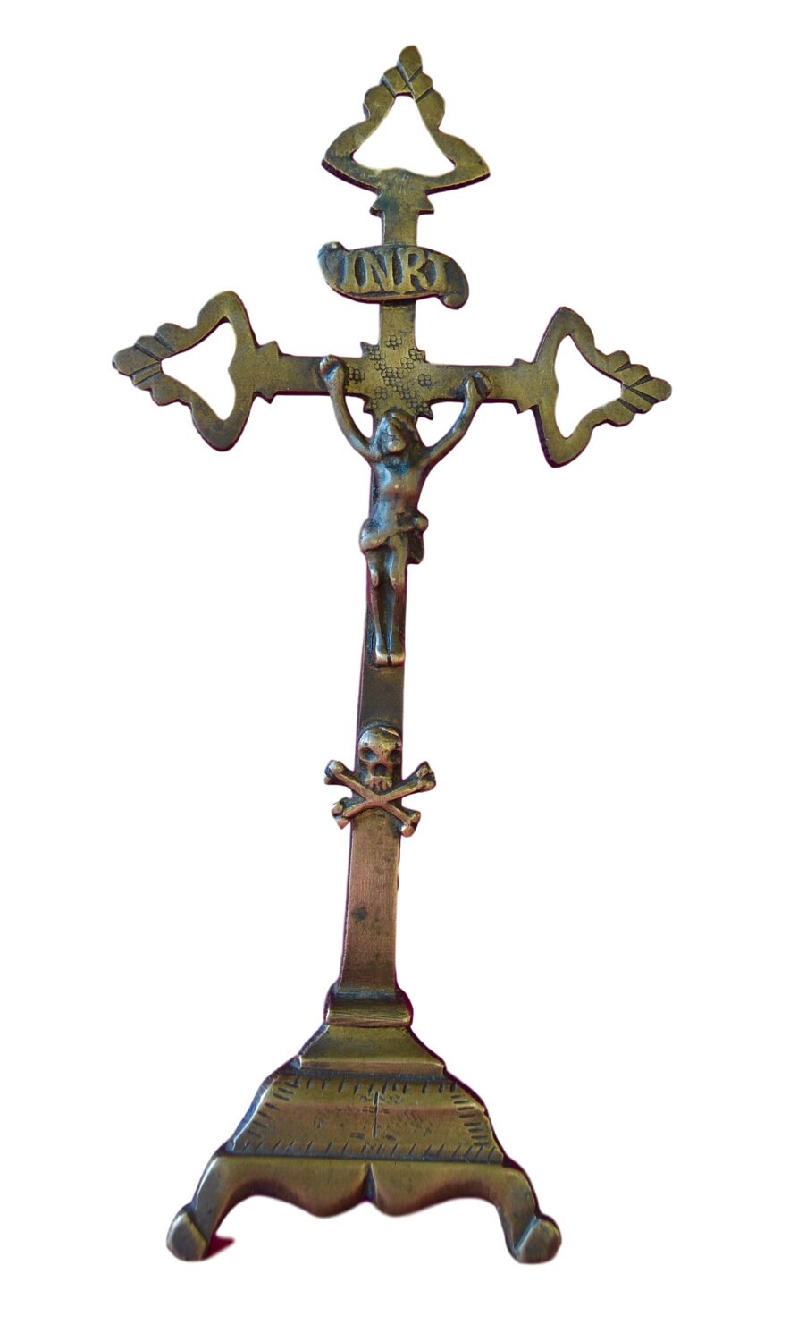 Français Antique Bronze Autel Debout Crucifix - Tête de Mort et Os Croisés Français Religieuse Catho