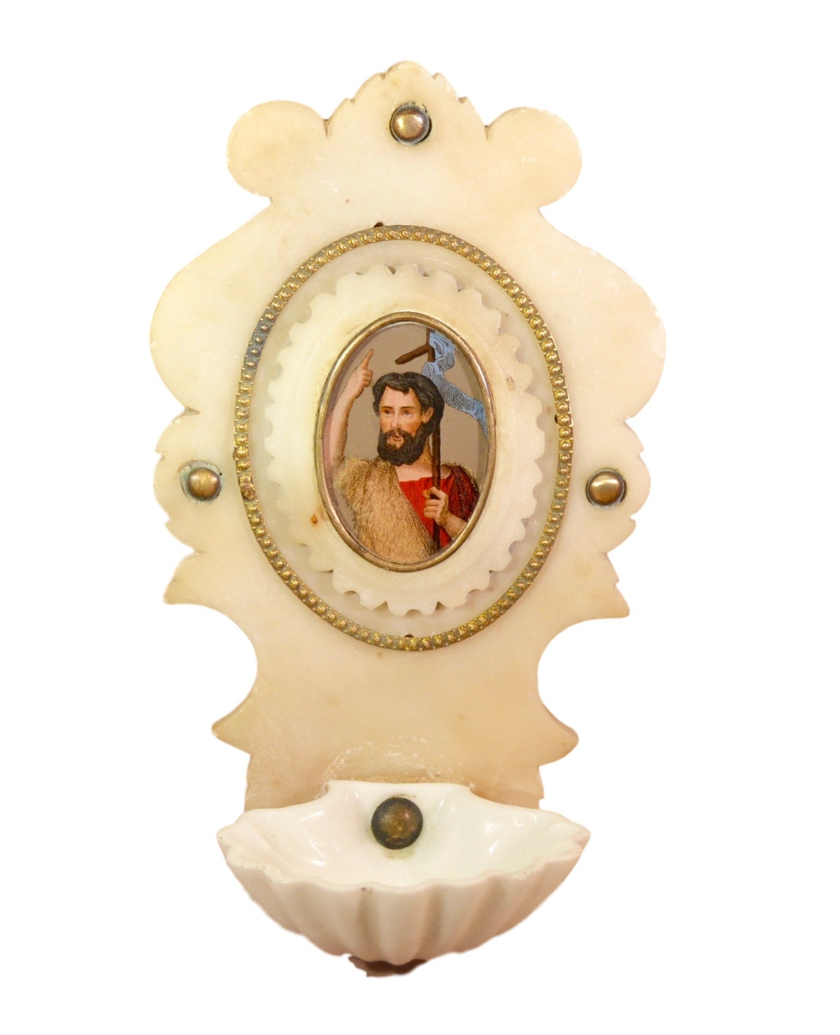 Français de L'eau Bénite Police - Bénitier Albâtre Religieuse Antique Saint-Jean Baptiste Reliquaire