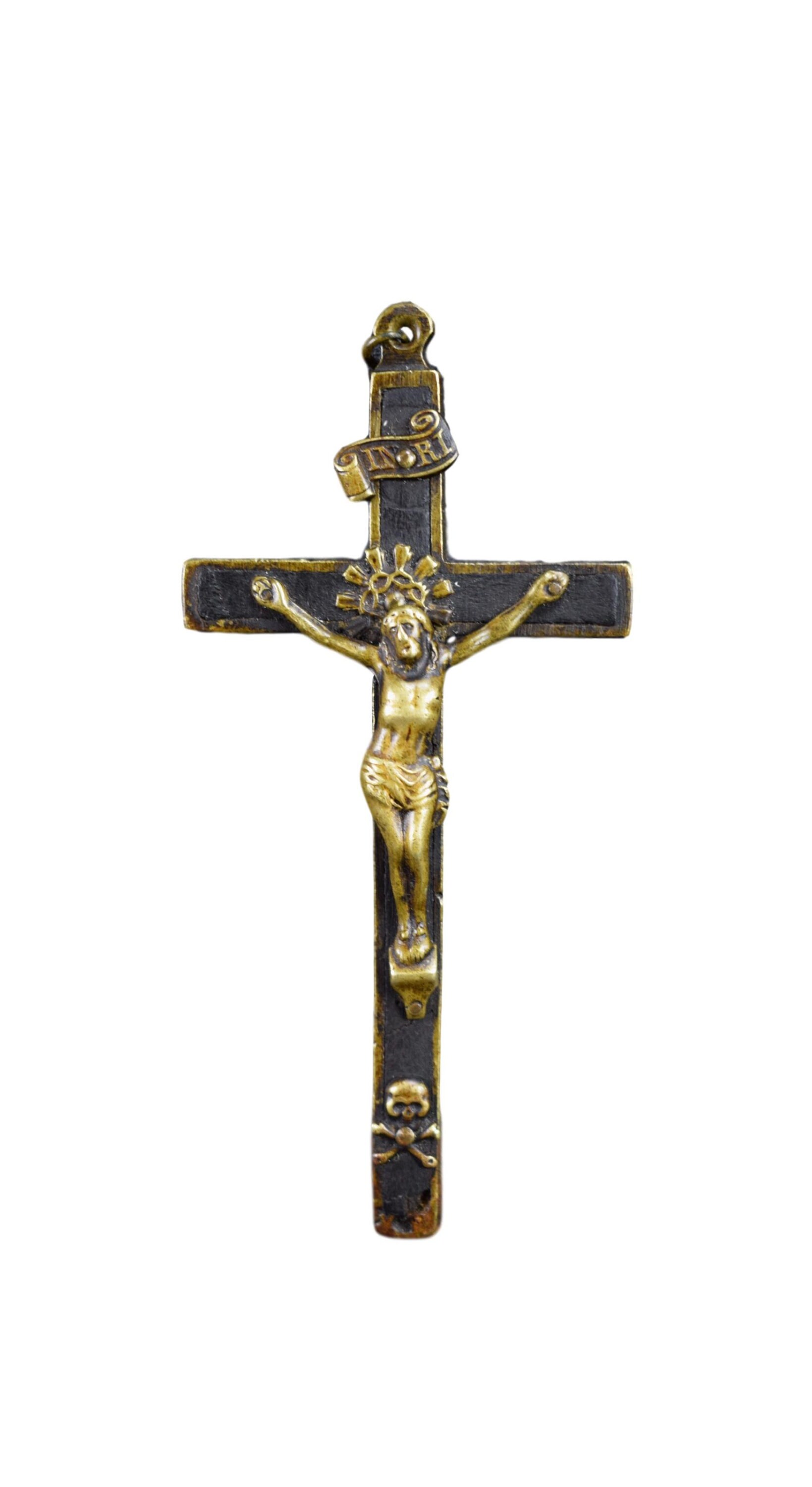 18Ème Français Antique Religious Cross Pendentif Crucifix Bronze et Ébène, Sacré-Cœur de Jésus