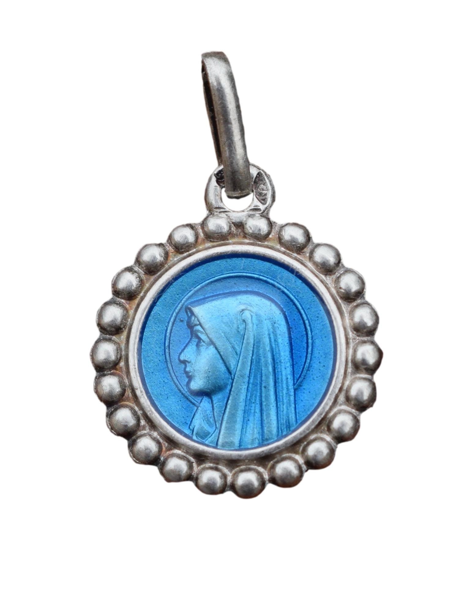 Médaille d'argent Enamel Bleu Notre-Dame de Lourdes Sterling