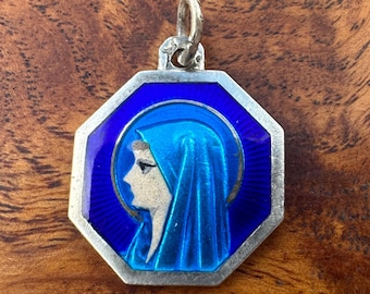 Mary Virgin Portrait Blue Enamel Sterling Silver French Medal Lourdes Pendant Communion Gift