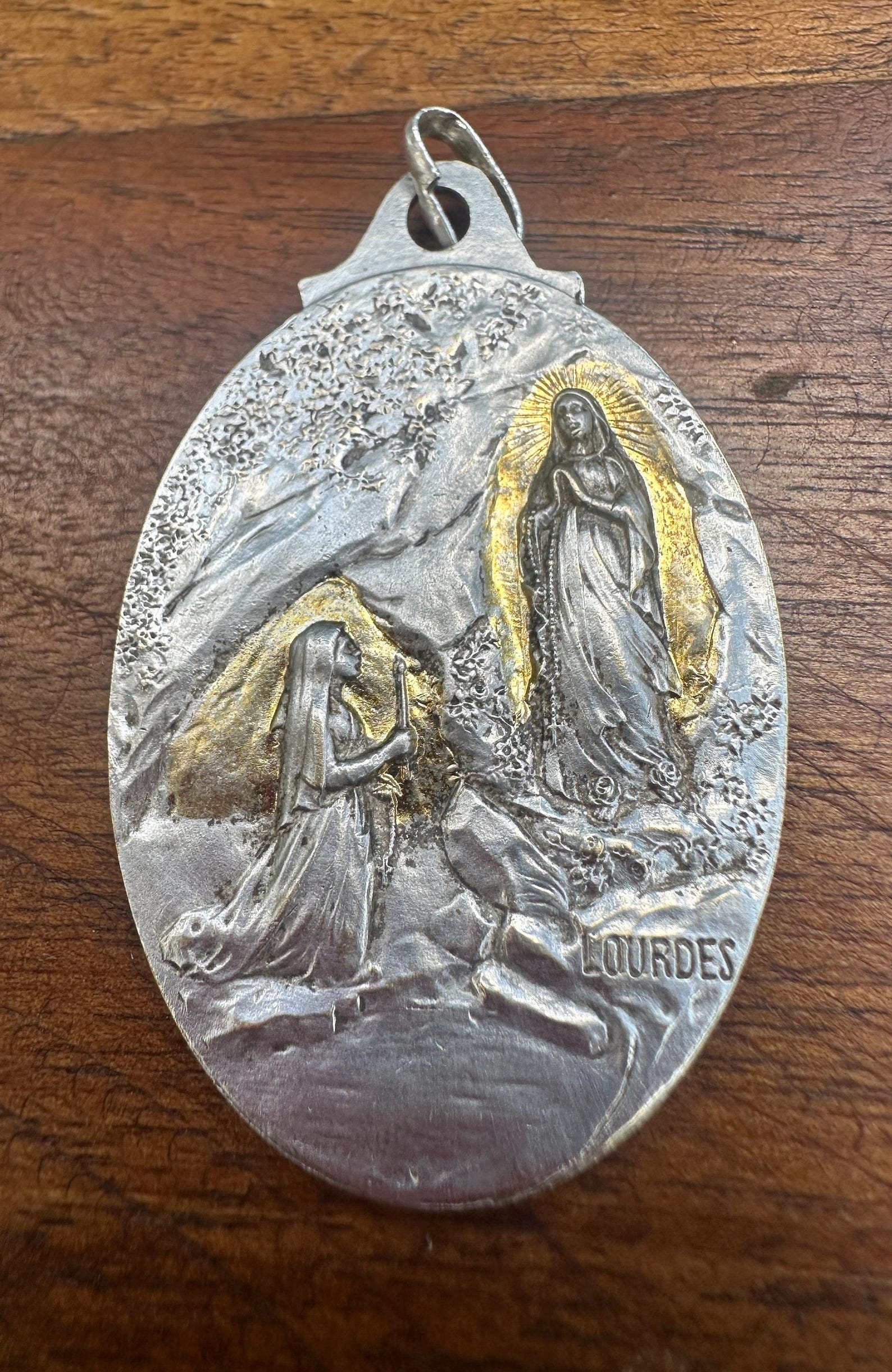 Large Our Lady of Lourdes Virgin Mary Medal Pendant Silvered Bronze and ...